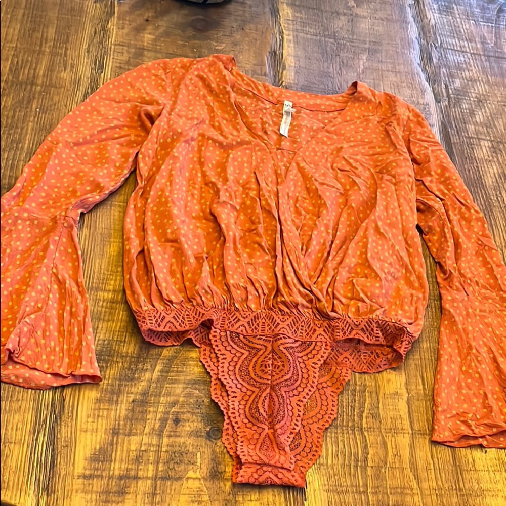Free People Burnt Orange Lace Detail Women's blouse bodysuit